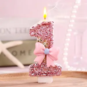 1pcs Shiny pink-gold sequin number candles with bow and pearl decorations, Cake decorating supplies, suitable for anniversary and party decor, perfect for birthday cake decoration, parties, weddings, graduations
