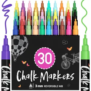 Fine Tip Chalk Markers (30 Pack - Neon & Pastel) Chalk Pens - Dry Erase Marker Pens for Blackboard, Chalkboards Signs, Windows, Bistro - 3mm Reversible Tip