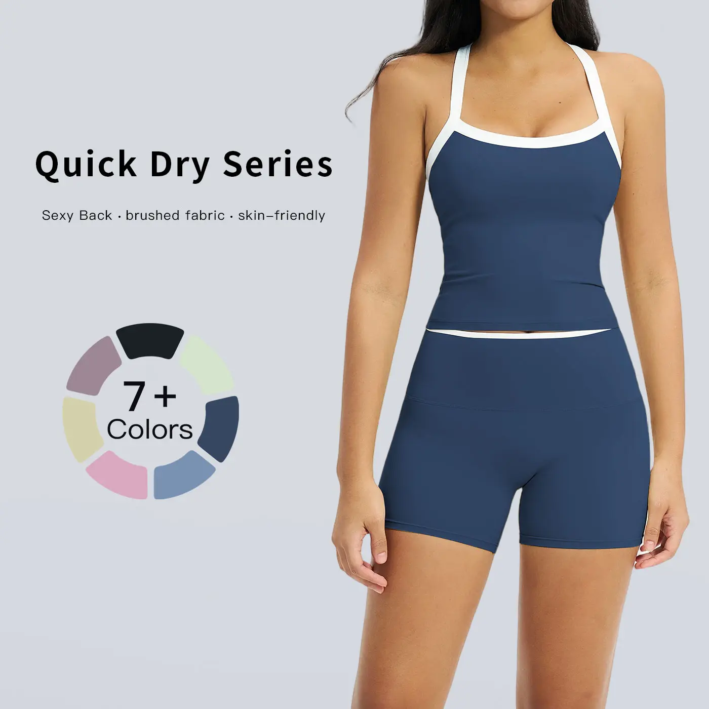 Tenwolf women’s two-piece set featuring a sleeveless camisole top with thin straps and a high-waisted fitted shorts, designed with a cross-back panel. Suitable for indoor and outdoor wear—ideal as activewear, gym clothing, and a sporty casual outfit.