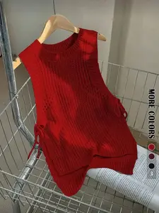 Spring Autumn Simple Round Neck Lace-Up Knit Sleeveless Vest Top Womenswear, Fashion Casual Fitted Design, Versatile Plain Sweater for All Seasons