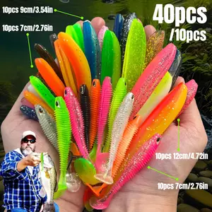 40pcs / 10pcs Fishing Bait Set Soft Threaded Bait and Fish Hook T-Tail Swing Artificial Bait Set Essential for Fishing Enthusiasts Suitable for Freshwater and Saltwater