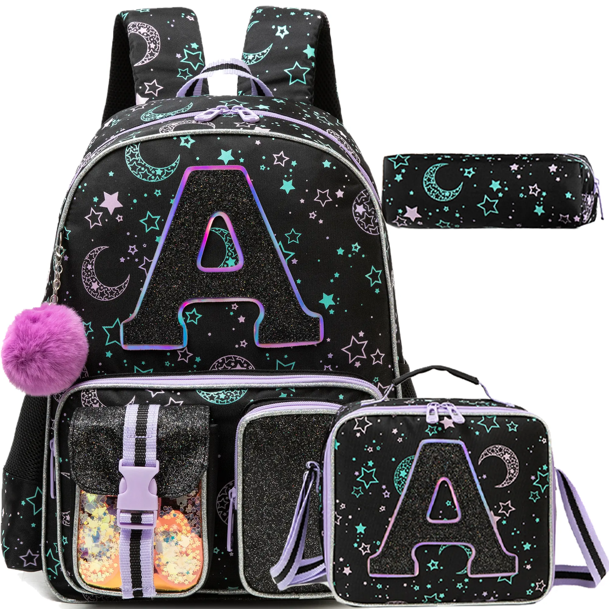 Girls 3-Piece Backpack Set, Starry Night Canvas Bag for Middle School with Insulated Lunch Tote, Glitter 'A' Initial, Adjustable Straps, Water Bottle Holder & Easy Zip, Back to School Haul, Temperature Control, Cute Backpacks