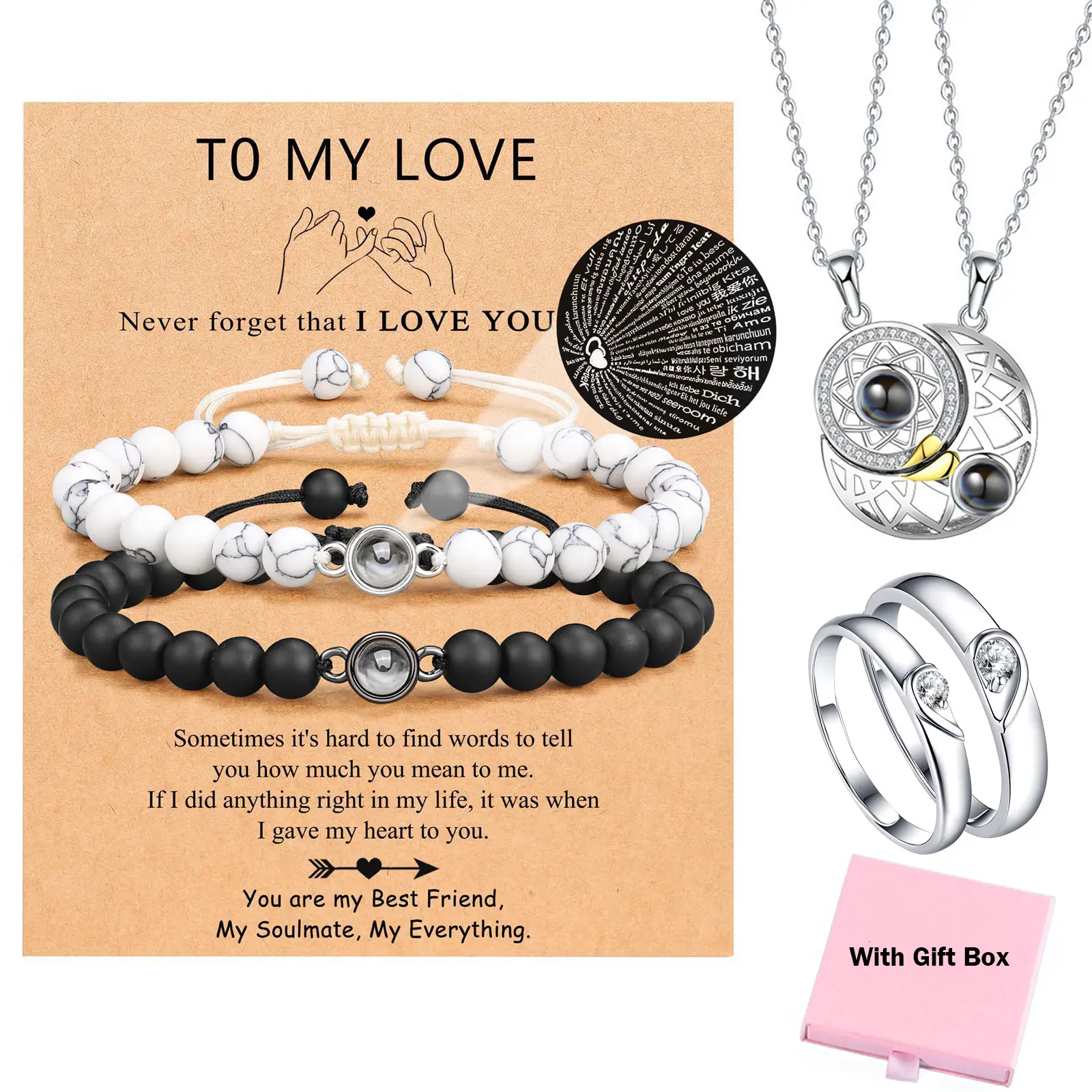 6pcs/set I Love You 100 Languages Bracelets Necklace & Heart Ring Jewelry Set Couples Gifts for Men Boyfriend Girlfriend Husband Soulmate Fiance Anniversary Valentines Day Birthday Christmas Gift for Him and Her with Gift Box