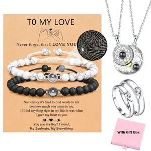 6pcs/set I Love You 100 Languages Bracelets Necklace & Heart Ring Jewelry Set Couples Gifts for Men Boyfriend Girlfriend Husband Soulmate Fiance Anniversary Valentines Day Birthday Christmas Gift for Him and Her with Gift Box,summerwins