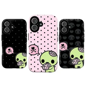 Cute zombie brain phone case, gothic cartoon style, cute yet eerie, polka dot skull phone case, compatible with iPhone 17 Pro Max 16 15 14 13 12 11, Samsung S21 S22 S23 S24 S25, Halloween-themed cute yet spooky phone case.