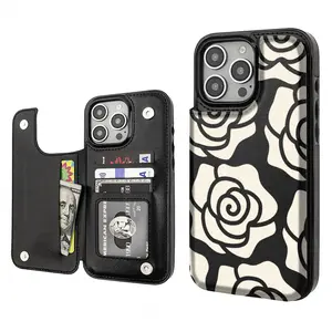 Fashion Flower pattern Aesthetics Pattern Phone Cases Compatible For With iphone 16 15 14 13 12 PRO PLUS MAX PU Black Durable Flip High quality Leather Credit Card Bag Holder Mother Gift Wallet Shockproof Anti-Drop Full Protection Phone Cases Shell Cover