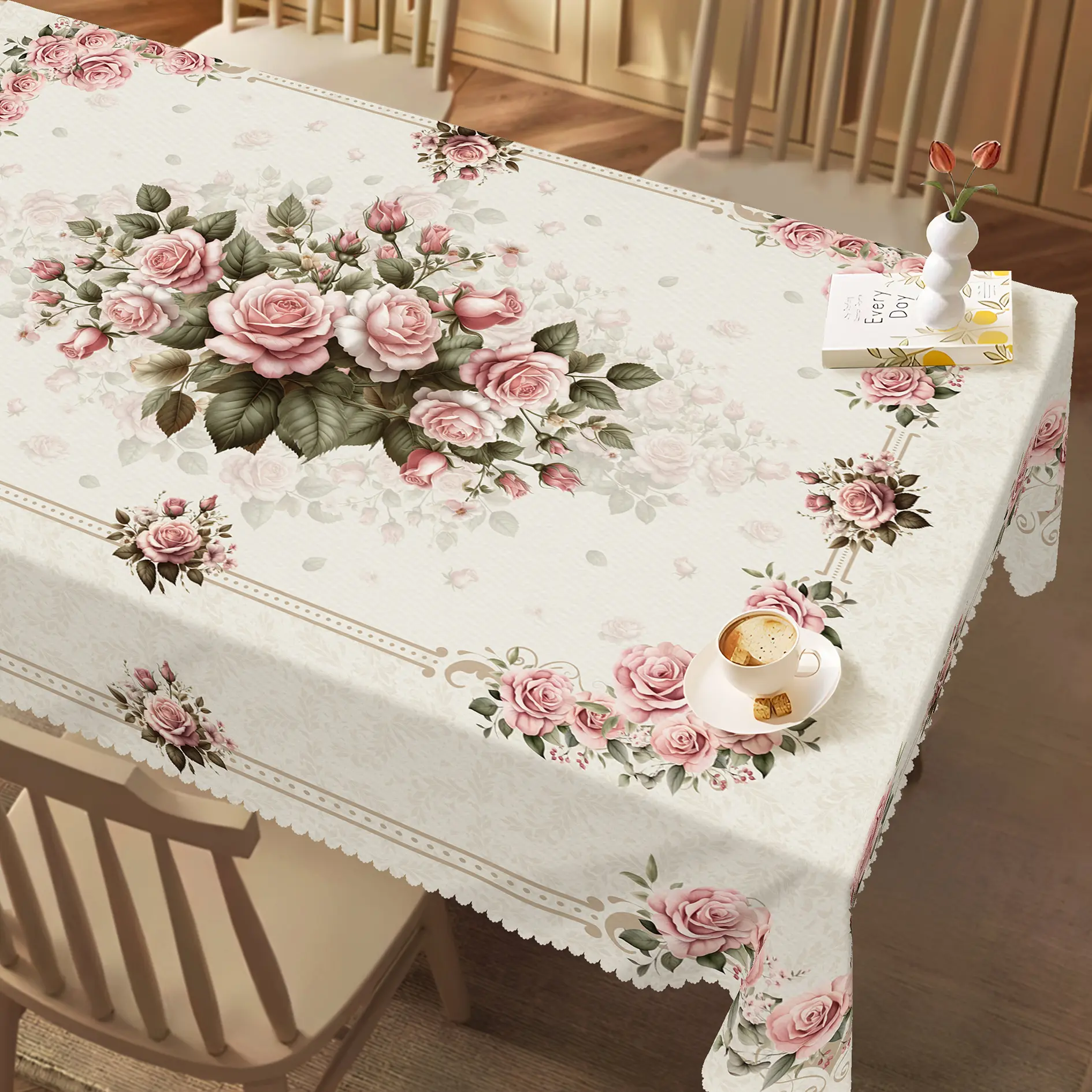 1pc Vintage Floral Tablecloth, Elegant Rose Design, European Rustic Style Decor, Oval Tablecloth, Round And Rectangular Table Cover, Farmhouse Tablecloth, Spring Decor, Indoor And Outdoor Table Decor, Ideal for Weddings And Festive Home Decoration