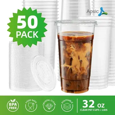 Staples Plastic Disposable Cups Unicuip 32 Oz Disposable Clear Plastic Cups  With Flat Lids - Round, PET Material Plastic Reusable Cups
