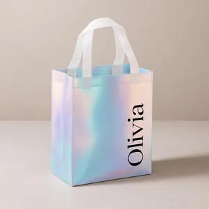 Personalized Holographic Gift Bags Premium Iridescent Party Favor Bag with Handles Rainbow Metallic Shopping Bag Wedding Birthday Goodie Bag