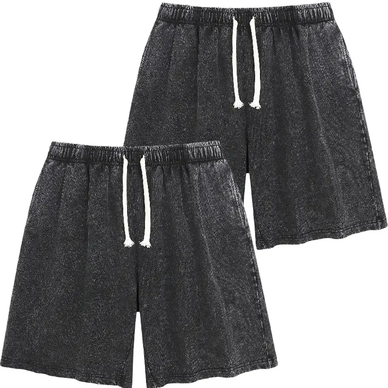 2 Pack 100% Cotton Vintage Acid Wash Casual Shorts Elastic Drawstring Waist Baggy Knee Length Sweat Shorts, Mineral Washed Pink Loose Streetwear Shorts With Side Pockets, Blank Basic Loungewear Athletic Workout Summer Shorts For Women Daily Outfit