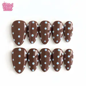 Mint Choco Handmade Press-On Nails, Almond Fake Nails | Short Almond Shape, 10pcs | Mint Chocolate Polka Dot Design | Dark Brown Base & Mint Blue Dot Accents | Reusable DIY Nail Kit for Women | Trendy Nails for Spring, Summer, Travel & Daily Wear