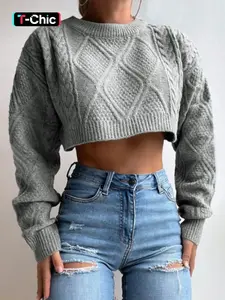 Women's Plain Textured Crop Sweater, Casual Long Sleeve Round Neck Jumper, Sweaters for Women, Women's Spring & Fall Knit Clothing for Daily Wear Fall Sweater Knitwear