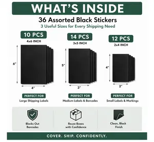 Shipping Label Cover Kit – Black Stickers (36 Pack, Assorted Sizes 2x4, 3x5, 4x6) for Covering Old Shipping Labels & Barcodes