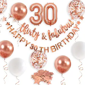 Rose Gold Thirty & Fabulous Happy 30th Birthday Banner Garland Foil Balloon 30 for Womens 30th Birthday Decorations