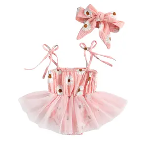 Baby Girl 2Pcs Daisy Print Lace-Up Suspender Romper Mesh Knit Jumpsuit With Headband Summer Cute Casual Outfit Set
