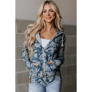 FullZip Sweatshirt - Twilight Blooms | Womenswear Hoodie | Blue Floral Print | Stretchy Casual Comfy | Plus Size