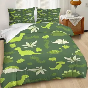 Dinosaur and Prehistoric Plant Print Duvet Cover Set,2/3Pcs Playful Natural-Style Bedding Set, Comfy Bed Sets, Creating A Vibrant Prehistoric-Themed Bedroom Scene.Soft Material for Cozy Sleep, Includes 1 or 2 Pillowcases, Pillow Inserts Not Included