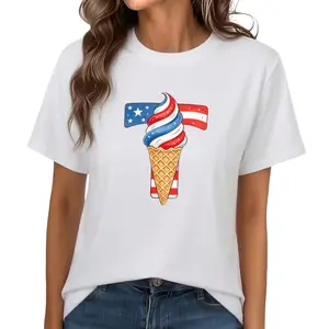 Plus Size – Women’s Oversized 100% Cotton Crew Neck T-Shirt with Patriotic American Flag and Ice Cream Design, Summer Casual Wear, Freedom Carnival