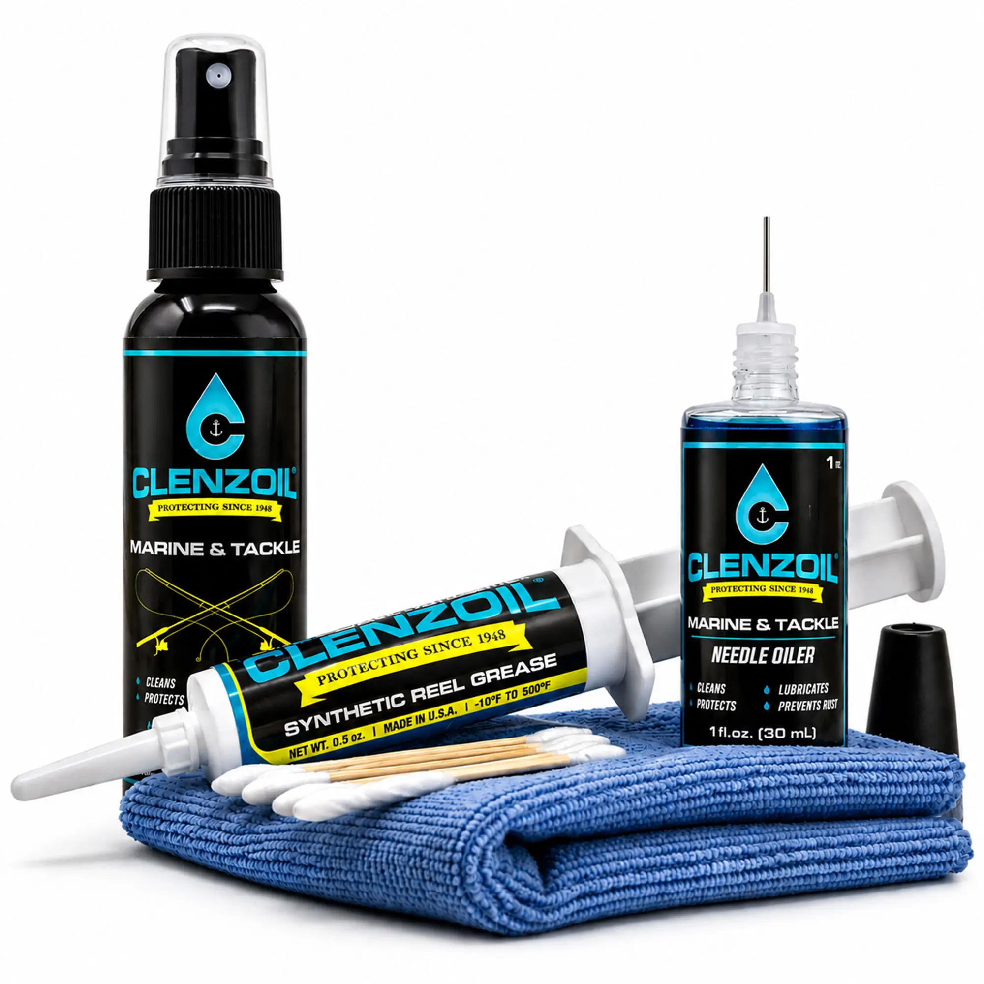 Fishing Marine & Tackle Reel All-in-1 Care Kit with Microfiber Towel, Nylon Brush, 0.5 oz Synthetic Grease for Fishing Equipment Maintenance