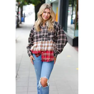 Taupe & Red Plaid Color Block Shacket