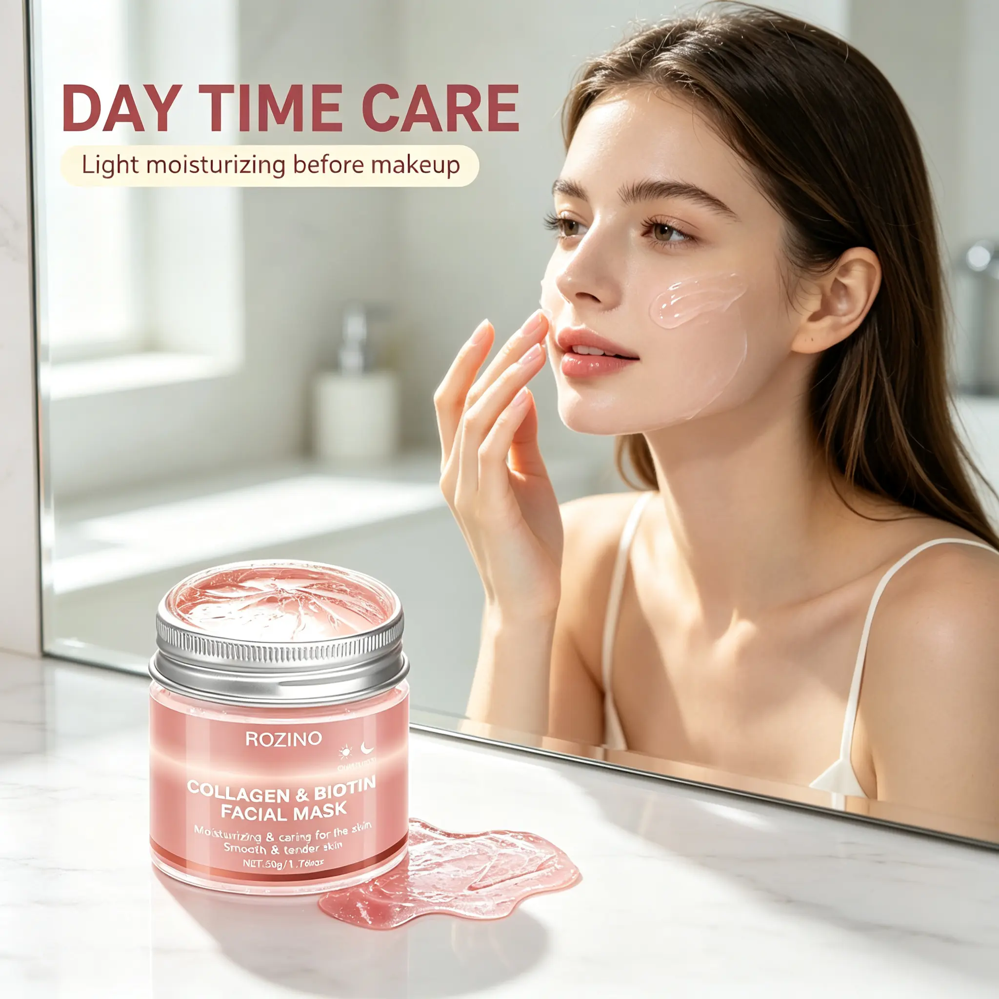 ROZINO Collagen & Biotin Facial Cream Infused with Hyaluronic Acid, Mild Non-Irritating Calming Skin Care, Deep Long-Lasting Hydrating Treatment, Daily Facial Skincare to Maintain Smooth & Tender Complexion, 50g Full Size Cream