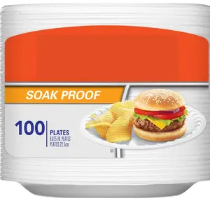 , 100 Count 8.9 Inches, Everyday Soak Proof Disposable Foam Plates, Disposable White Plates for Lunch, Salads, and Appetizers, Great for Everyday Use, Easy Cleanup