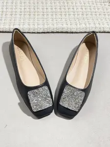 Women's Square Toe Ballet Flats, Soft Artificial Leather, Sparkling Rhinestones, Comfortable Rubber Sole, All-Season Casual Shoes