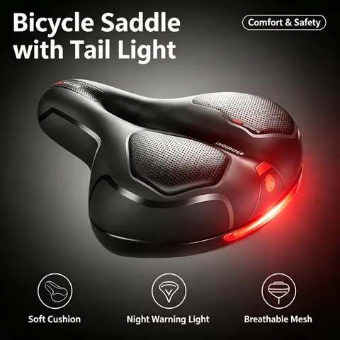 Wide Comfort Gel Bicycle Saddle Pad Replacement with Taillight - Soft, Breathable Air Cushion with Reflective Stripe for Cruisers, E-Bikes, Mountain Bikes, Ebike Accessories