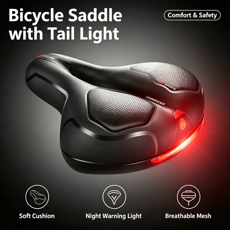 Wide Comfort Gel Bicycle Saddle Pad Replacement with Taillight - Soft, Breathable Air Cushion with Reflective Stripe for Cruisers, E-Bikes, Mountain Bikes, Ebike Accessories
