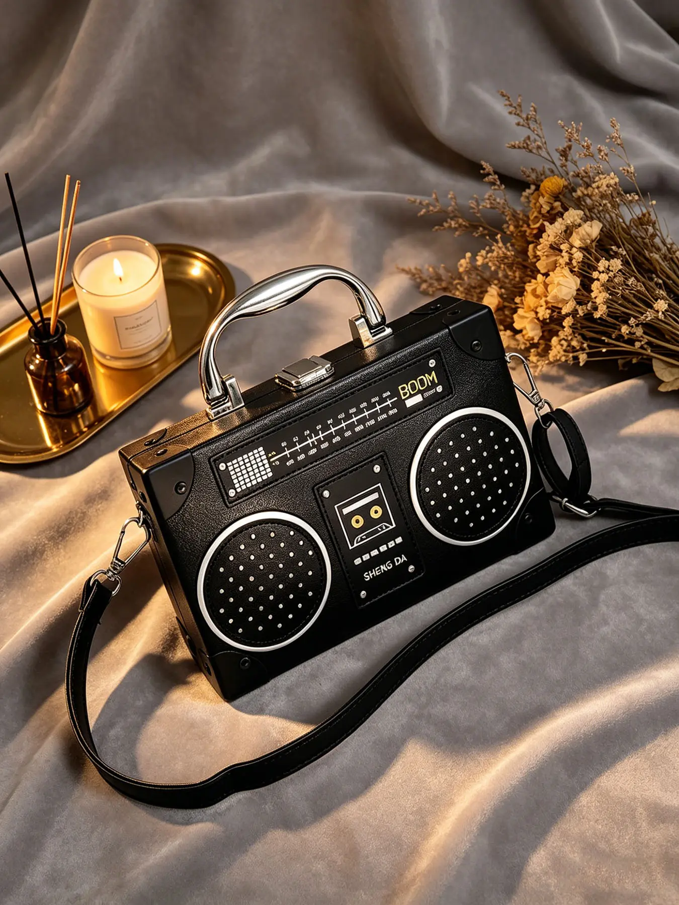 Unisex Retro Cassette Player Crossbody Bag, Funky Boombox Shaped Shoulder Purse, Structured Novelty Box Bag with Detachable Strap, Ideal for Music Fans & Casual Outings