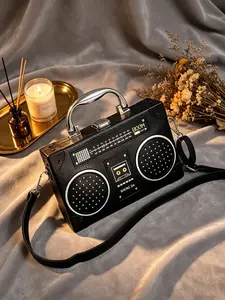 Unisex Retro Cassette Player Crossbody Bag, Funky Boombox Shaped Shoulder Purse, Structured Novelty Box Bag with Detachable Strap, Ideal for Music Fans & Casual Outings