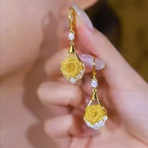 Golden Rose Flower Drop Earrings DDES0726 Fashionable and Elegant Zircon Super Sparkling Earrings High-End Exquisite Earrings 14K Gold-Plated