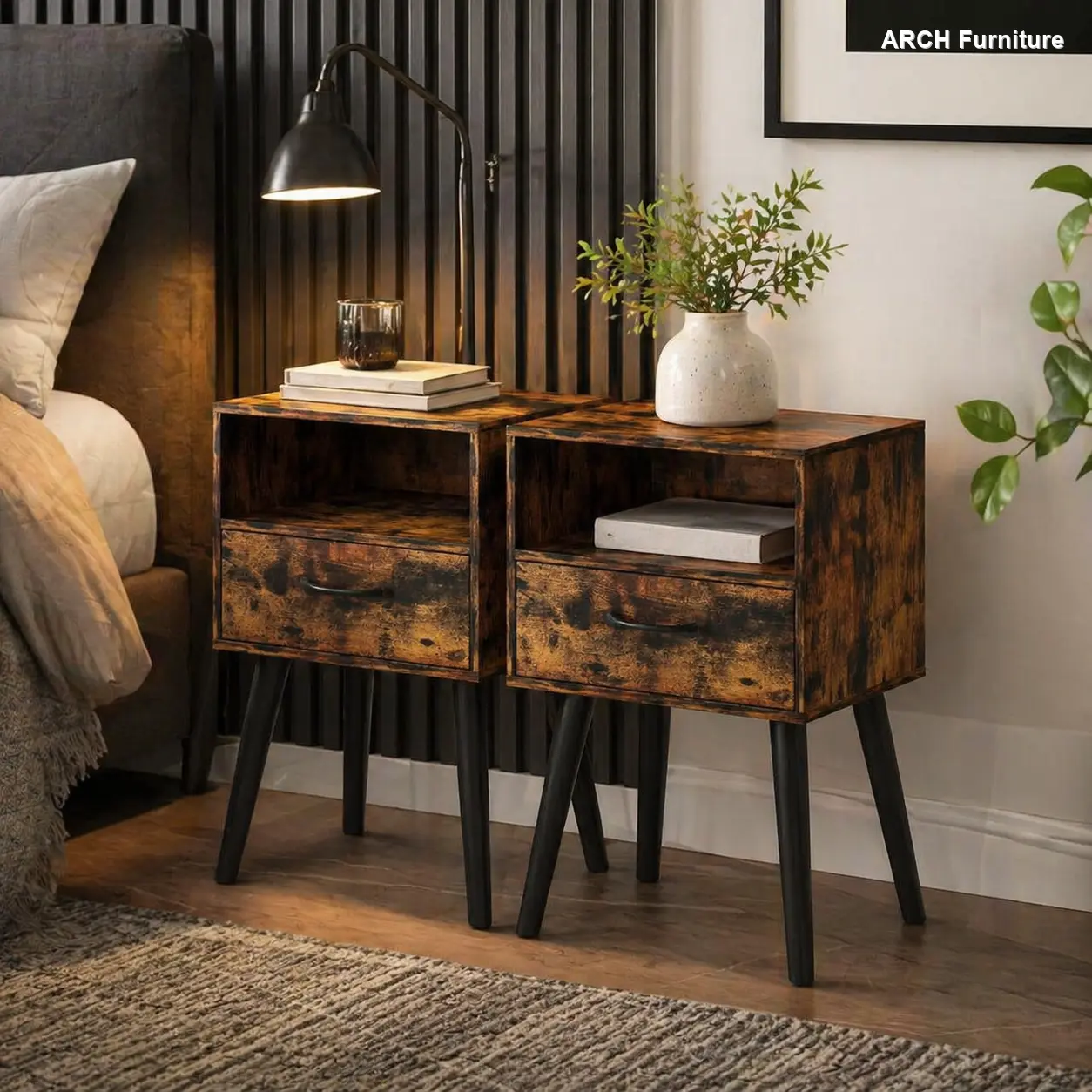 Modern Arch Nightstand Bedside Table - Compact Architect-Designed Modern Console Table, Elevated Laptop-Friendly Indoor Accent Piece with Storage Drawer, Open Wood Shelf, Pine Legs, Vertical Grain, Safe, Durable, Easy Assembly for Small Bedrooms, Bedside
