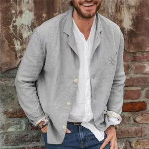 Men's Casual Cotton And Linen Loose Blazer Solid Color Top Shortsleeve Cardigan Fabric Menswear