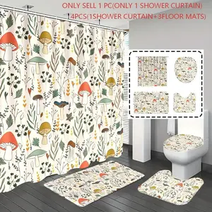 [Popular Choice]1pc/4pcs, bathroom curtains shower, bathroom set, shower curtains, Shower Curtain Sets, bathroom decor,bathroom rug, Home Decoration, bathroom mat, Mushroom Pattern, Forest Theme Decoration, Bathroom Suit, with 12 hooks.