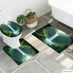 1/3Pcs Nature style image of waterfall surrounded by lush greenery Bathroom Mat Set, Flannel Non Slip Bath Rug, Toilet U-Shape Mat, Toilet Lid Cover, Thickened Soft Absorb Water, Microfiber Surface Memory Foam C