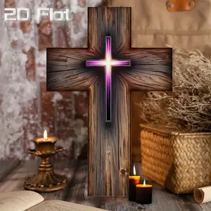 1 Pcs rustic wooden cross pendant - church style 2D flat decoration, purple cross with old wood texture, 8x12 " (20x30 cm) recycled faux wood for home, office, church spiritual atmosphere, wooden decoration, church style cross