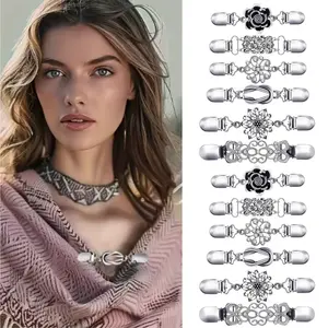 12pcs Vintage Sweater Shawl Clips, Rhinestone Alloy Scarf Buckles, Anti-Slip Fasteners, Collar Scarf Cardigan Connectors, Daily Essential Accessories