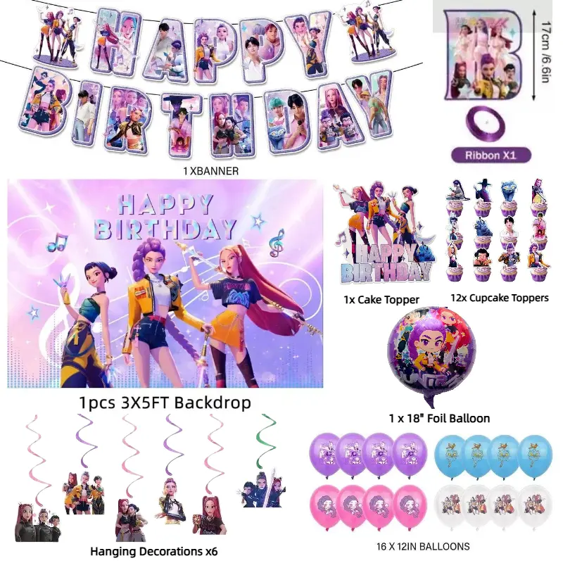 KPop Girl Birthday Decoration All-In-1 Set, Festive Party Supplies with Banner, Backdrop, Balloons, Cake Topper, Ideal for Girls' Themed Birthday Parties & Photo Backdrops