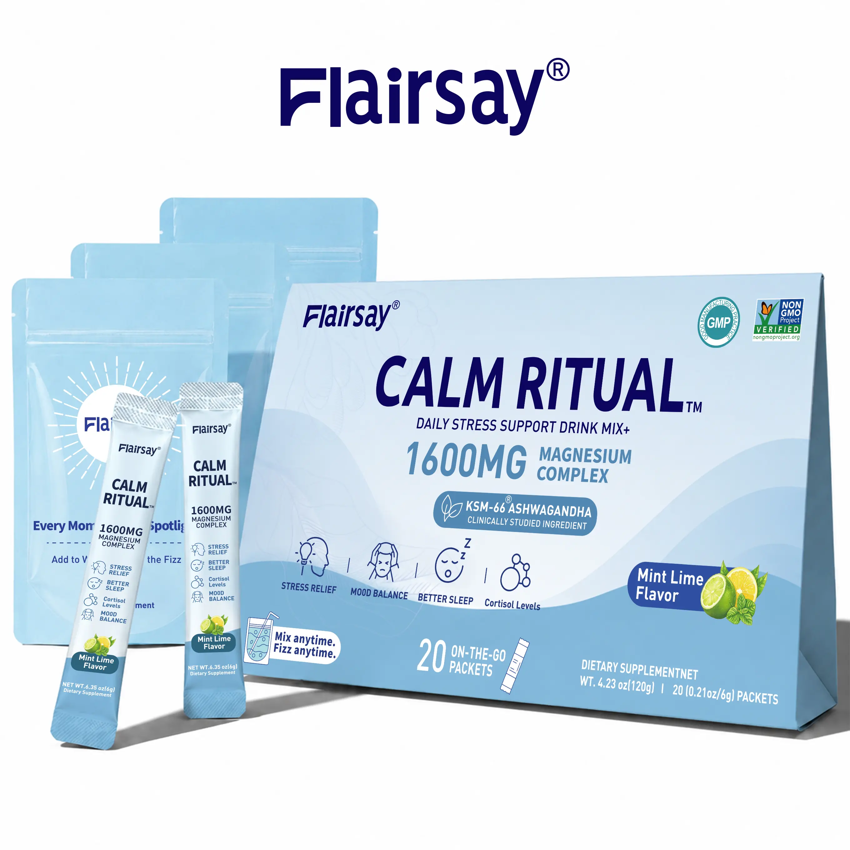 FLAIRSAY MAGICRELAX Try the Daily Calm Ritual Everyone Loves | Sparkling Magnesium Drink Mix with KSM-66 Ashwagandha, GABA, Saffron & Vitamin D3 | 20 Easy Stick Packs