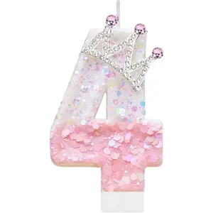 Pink Birthday Number 4 Candle for Cake, Pink Crown Cake Topper Princess Birthday Party Decorations Cupcake Topper Party Favors Decor Supplies
