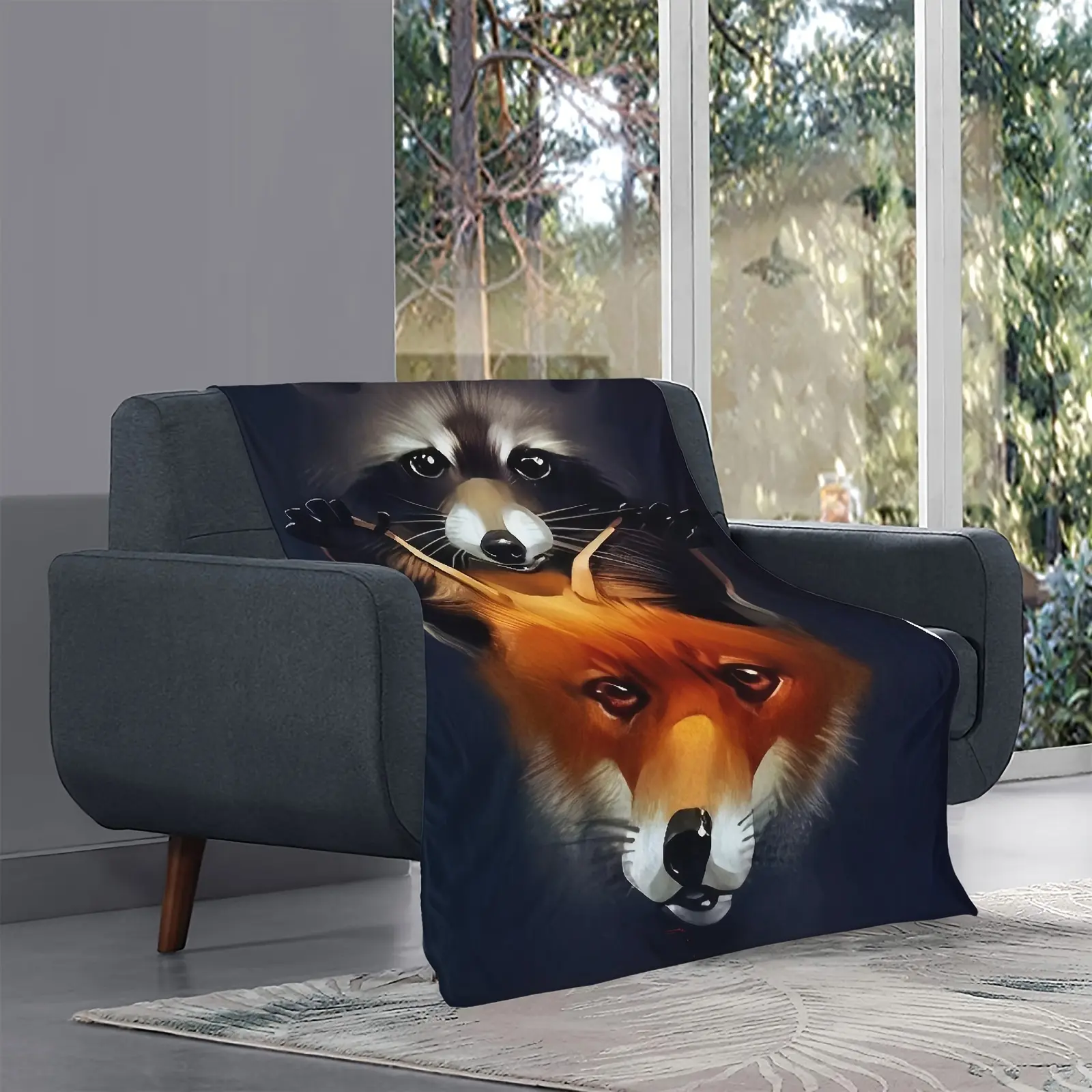 Bohemian Chunky Knit Polyester Fleece Throw Blanket - Raccoon Print, Rectangular, All Seasons Whimsical Room Decor for Indoor Festive Use, 80×120cm(32×48in)