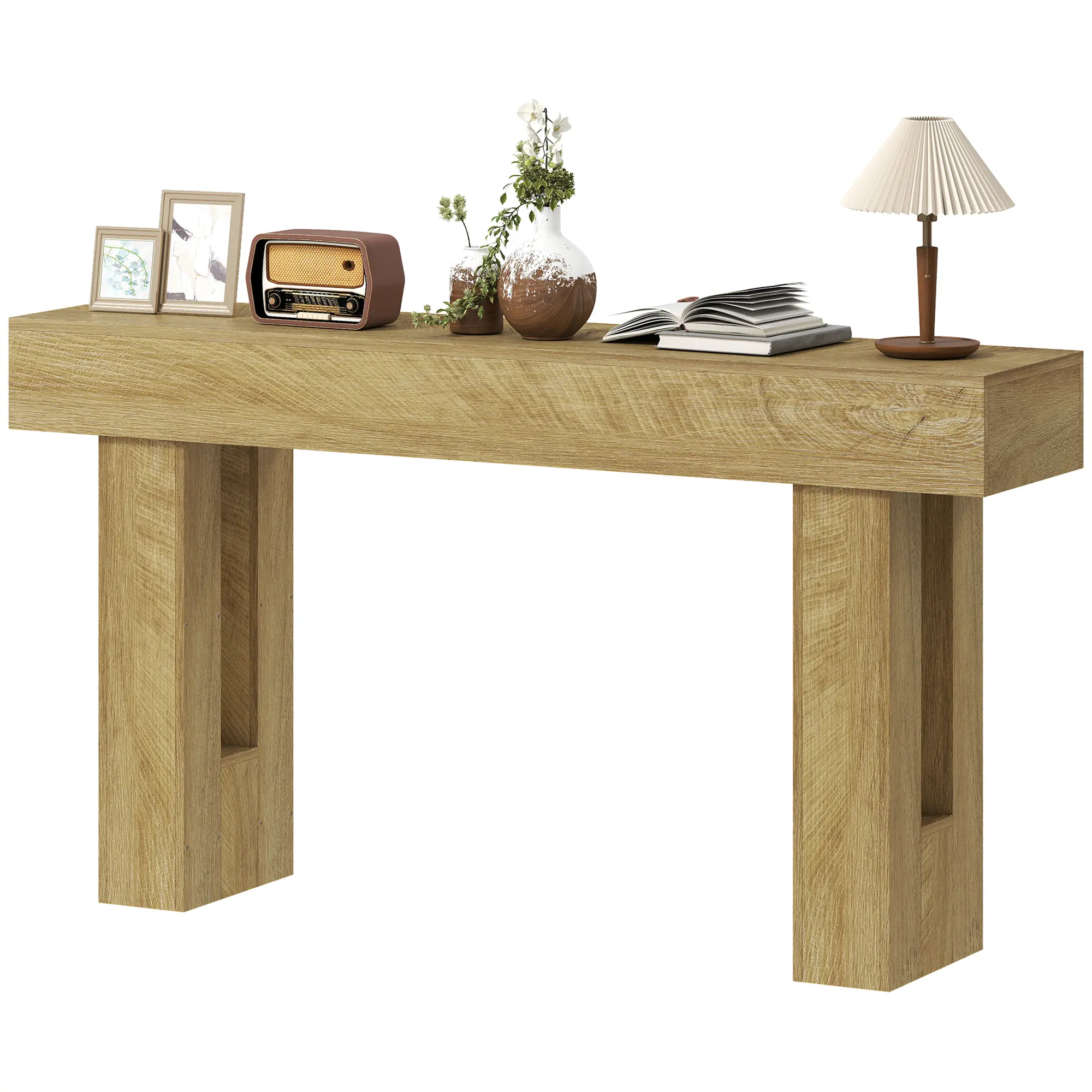 63-Inch Oak Pedestal Console Table - Thickened Tabletop Sofa Table for Living Room, Hallway