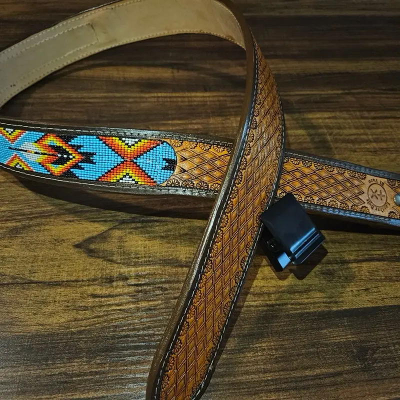 Handmade Leather Belt with Colorful Bead Design and Black Buckle