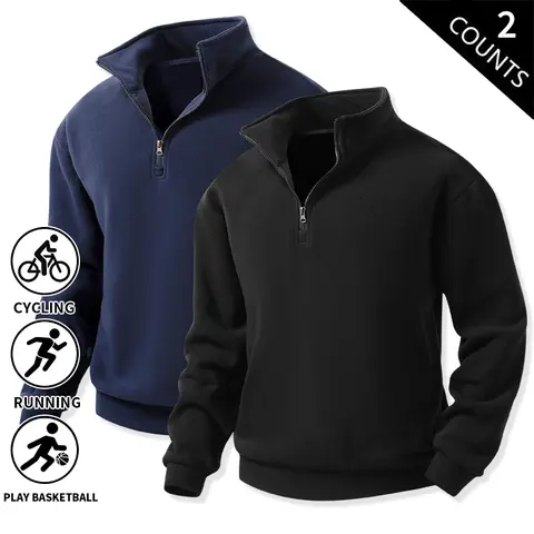 Men's 2-Pack Quarter-Zip Pullover Sweatshirts - Classic Menswear, Soft Stylish Solid Polyester Full-Sleeve Stand Collar Loose-Fit Fleece Tops (Black + Concealed Blue) for Sports & Everyday Autumn/Winter Casual Athletic Wear