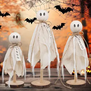 Wooden Ghost Halloween Decorations Indoor– Set of 3 Sizes Rustic Shelf Sitters with Fabric Ghost Figures – Halloween Table Decor for Tiered Tray, Mantel, Halloween Party Supplies(White)
