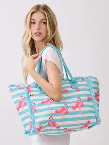 Flamingo Stripe Fringe Beach Tote Bag