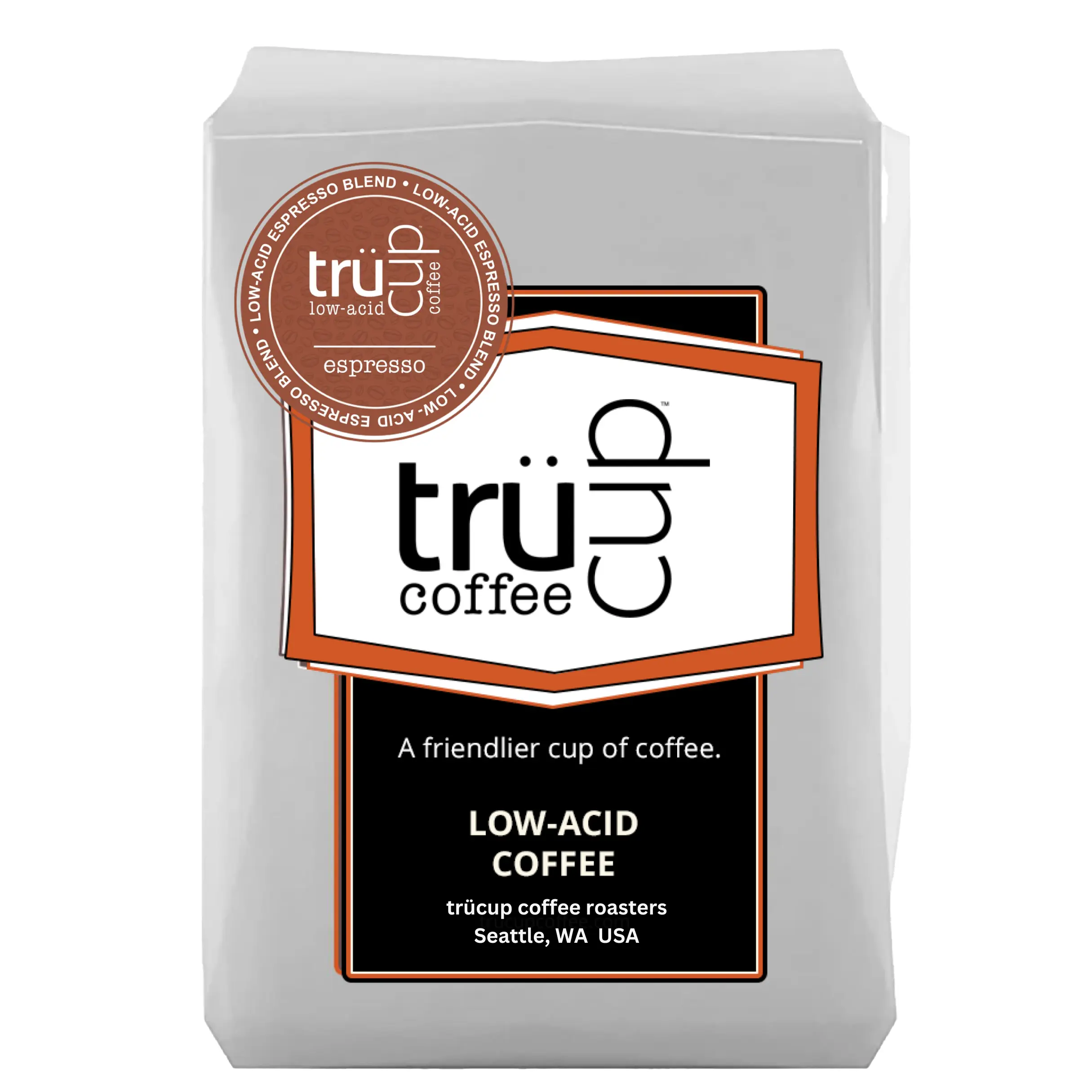 trücup Low Acid Coffee, Espresso Blend – Whole Bean, Espresso, Drip or Coarse Grind – Dark Chocolate Notes, Gentle on the Stomach – 12 oz, 2 lb, 5 lb