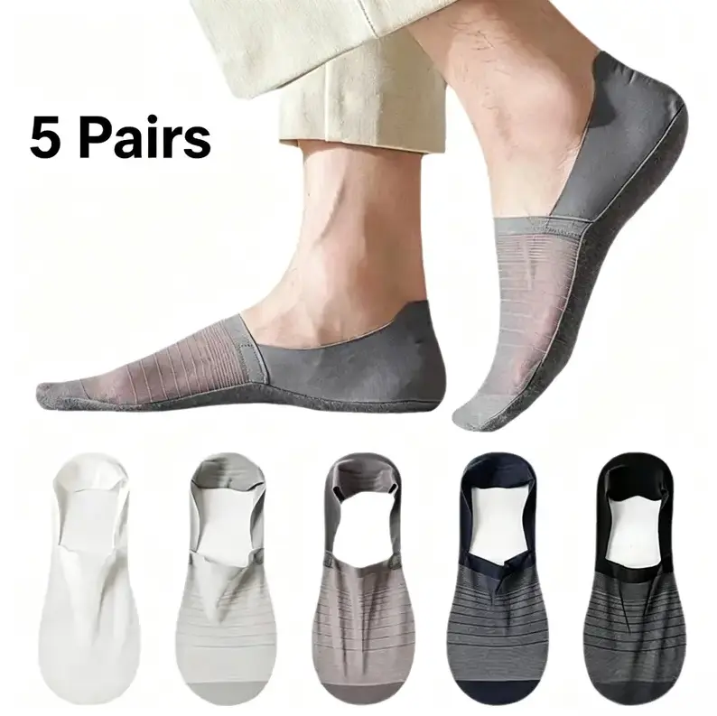 Heel Secure Men's No-Show Socks 5-Pack Ice Silk Breathable Anti-Slip Invisible Low-Cut Socks with Cotton Sole Seamless Mesh for Summer Casual Wear Blue Black Cozy Clothes Stylish Menswear Tropical