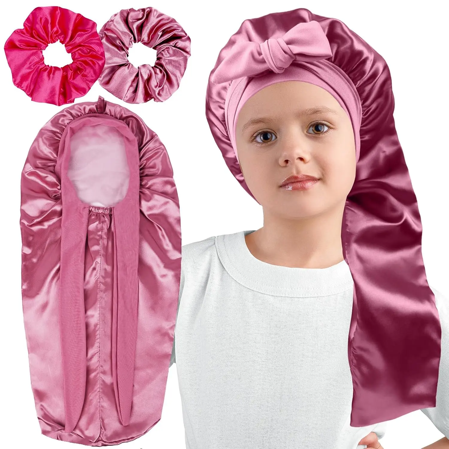 Long  Bonnets for Girls,Double Layer Satin Bonnet for Sleeping ,Bonnet for Girl Braids Long Hair Rose